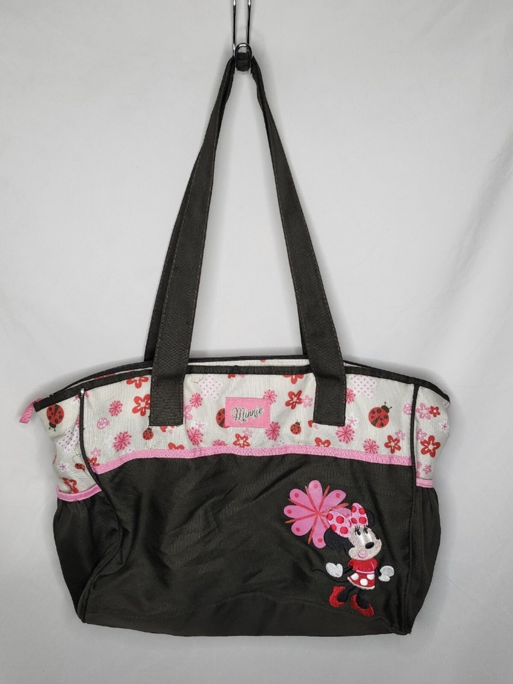 Disney Minnie Mouse Floral Ladybug Brown Pink Embroidered Baby Diaper Bag Y2K
